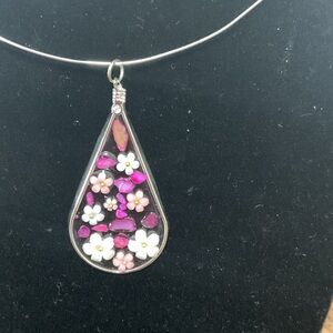 Pink and White Floral Teardrop Necklace Handmade